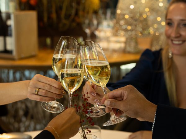 proostende mensen met champagne in de kerstsfeer van de gieser wildeman